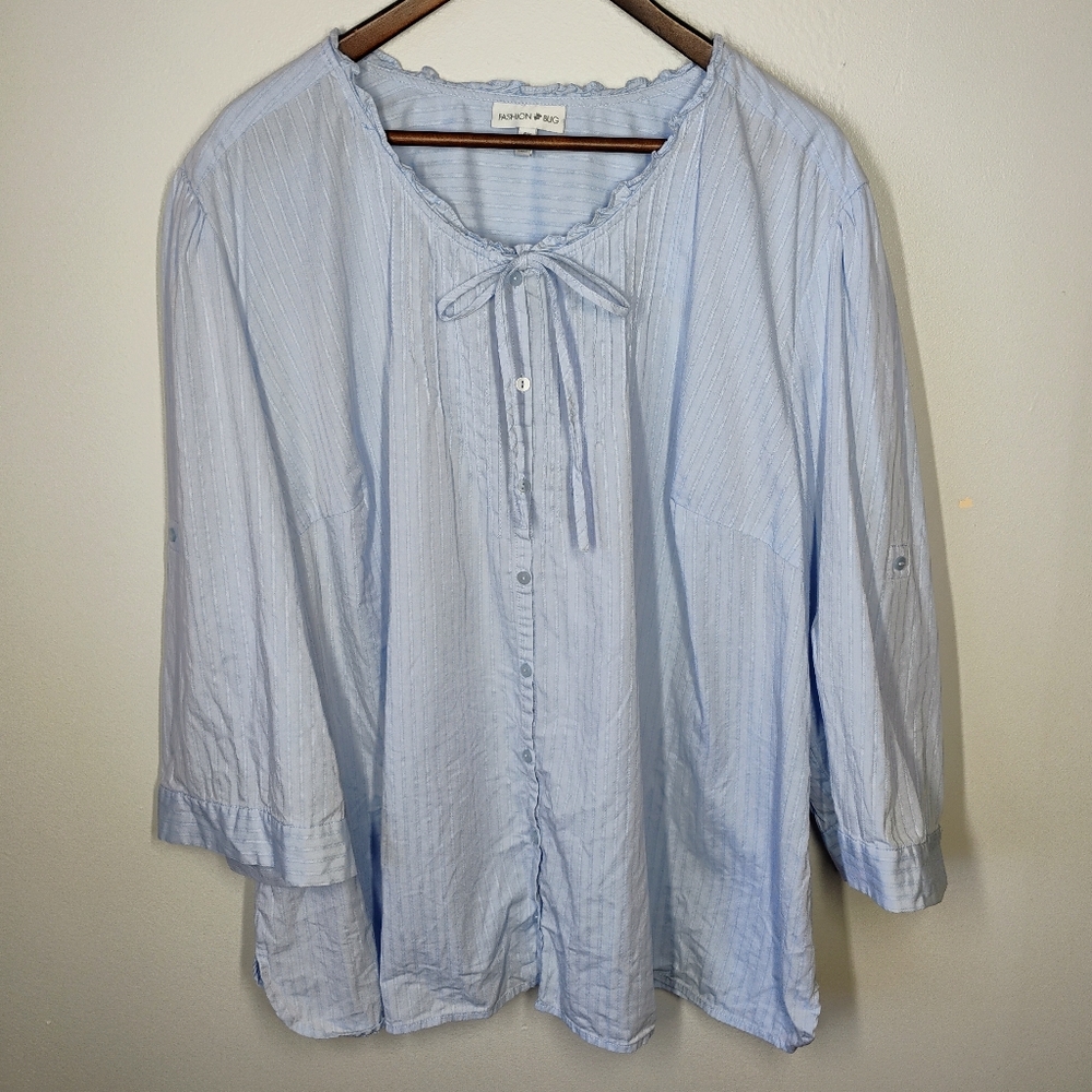 Fashion‎ Bug Button Down Top Blue Plus 4X Roll Tab Sleeve Peasant Cottagecore
